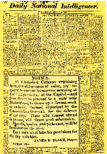 A picture of the front page of the Daily National Intelligencer, 1814. Fetured on the peice of yellow parchment is a written notice calling for citizens to gather on the steps of the capitol in order to defend their country against the British.