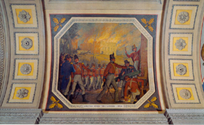 Burning of the Capitol by the British, 1814. Mural by Allyn Cox, 1974, in the east corridor of the House wing, United States Capitol Building, first floor.