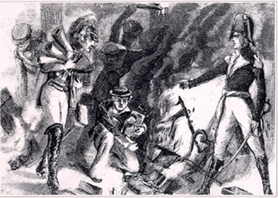 This black and white wood engraving shows early American documents being thrown into a fire while members of the British forces order the destrucion. The officers look on as the documents burn.