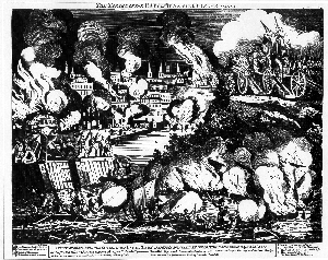 A black and white pen etching of British soldiers burning the young city of Washington. The British Soldiers are moving in from the right while Americans on the left try to fend them off from land and sea.